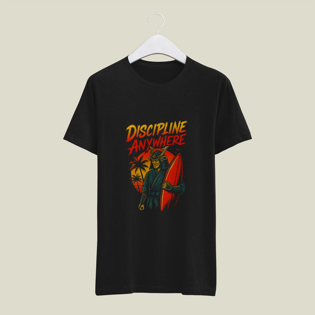 Samurai Surfboard Sunset Graphic Tee – Men’s Black 180 GSM Cotton