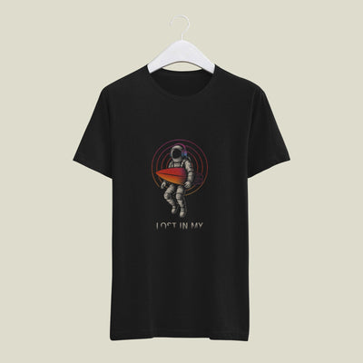Lost in My Astronaut Surfboard Tee – Men’s Black 180 GSM Cotton