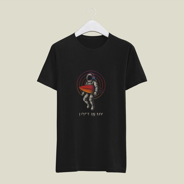 Lost in My Astronaut Surfboard Tee – Men’s Black 180 GSM Cotton