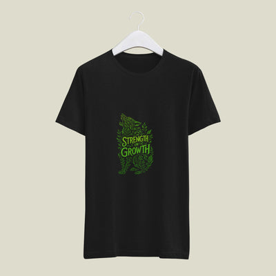 Men’s Black 180 GSM Cotton Tee – Strength in Growth Wolf Design
