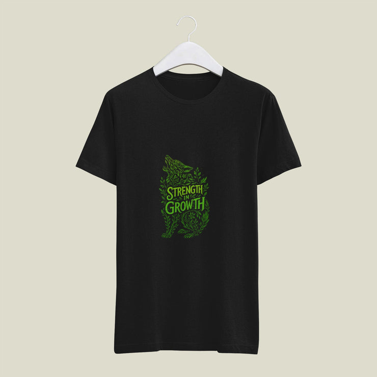 Men’s Black 180 GSM Cotton Tee – Strength in Growth Wolf Design